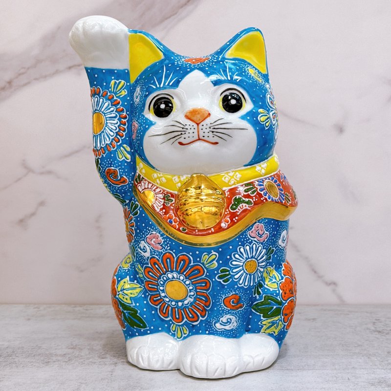 【牡丹映福】日本九谷烧招财猫 | 深青盛 8号 - 摆饰 - 瓷 蓝色