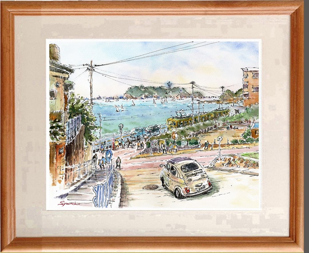 订制手绘水彩原画 江之岛与镰高前平交道风景 - 海报/装饰画/版画 - 纸 蓝色