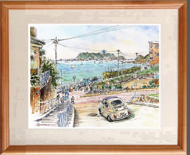 定制化 原创水彩画《江之岛·镰高前铁路道口风景》 - 海报/装饰画/版画 - 纸 蓝色