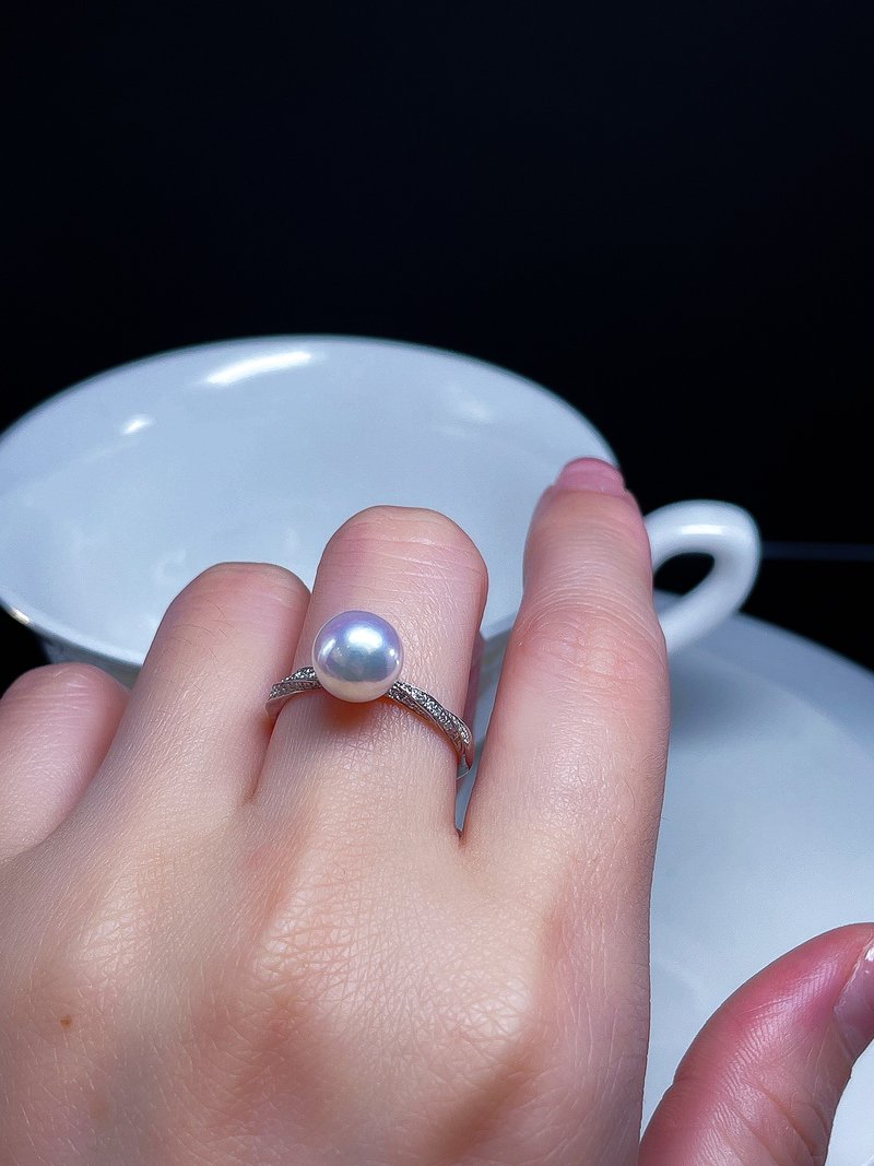 旋光 Akoya海水珍珠日本珍珠天然珍珠真珠天然钻石18K白K金戒指75 - 戒指 - 珍珠 白色
