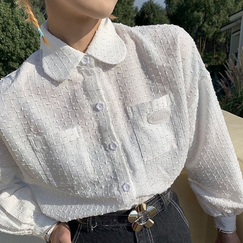 ziziFei 法式复古提花白衬衫女 设计感小众秋冬百搭春款长袖衬衣 - 女装衬衫 - 聚酯纤维 白色