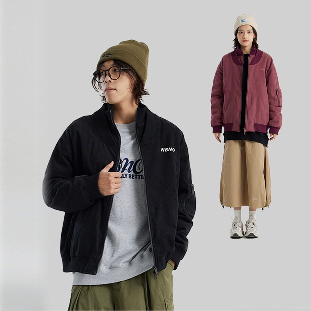 冬季立领假两件防寒棉服日系外套加厚保暖户外纯色休闲棉衣 - 男装外套 - 棉．麻 红色