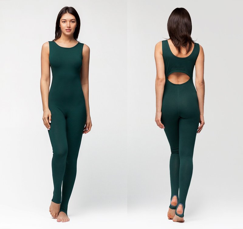 Yoga bodysuit, unitard #407. Organic cotton jumpsuit. Fitness suit. Yoga wear - 背带裤/连体裤 - 棉．麻 绿色