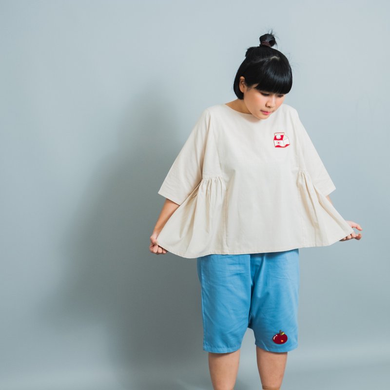 宽松棉麻米白色上衣 / 刺绣牛奶 - 女装上衣 - 棉 白色