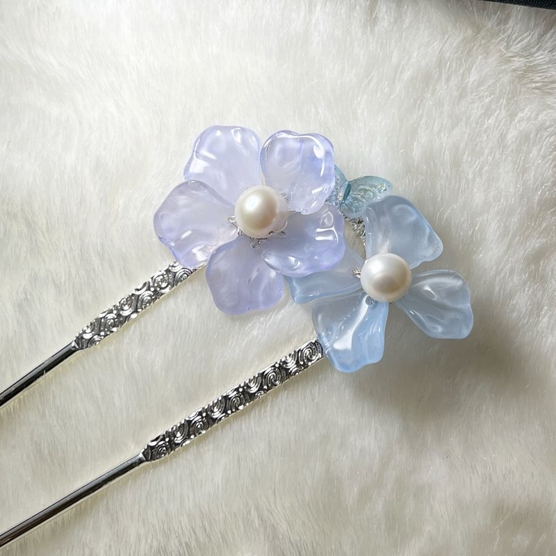 【订制款】双朵蓝雪花珍珠发簪 - 发饰 - 琉璃 蓝色