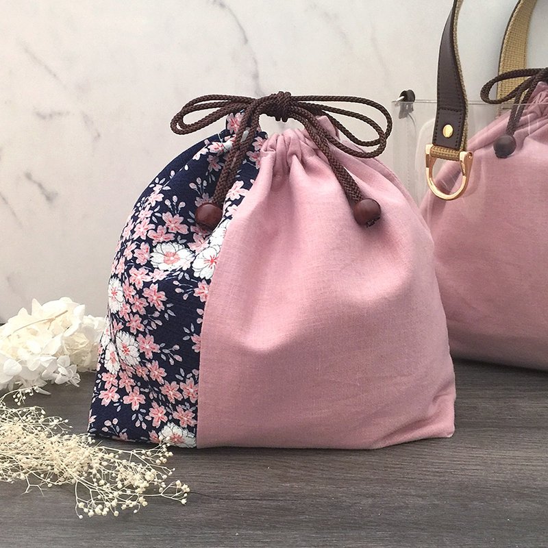 Drawstring Bag, Kimono and linen - Silk Crepe - for Clear Tote Bag - 化妆包/杂物包 - 棉．麻 粉红色