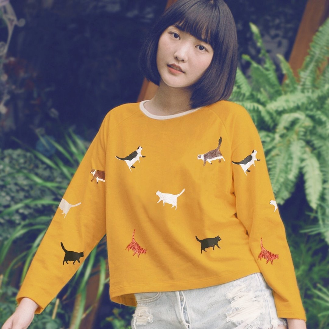 Cats Walk : Long and Short Sleeve Top / Yellow Mustard - 女装 T 恤 - 棉 黄色