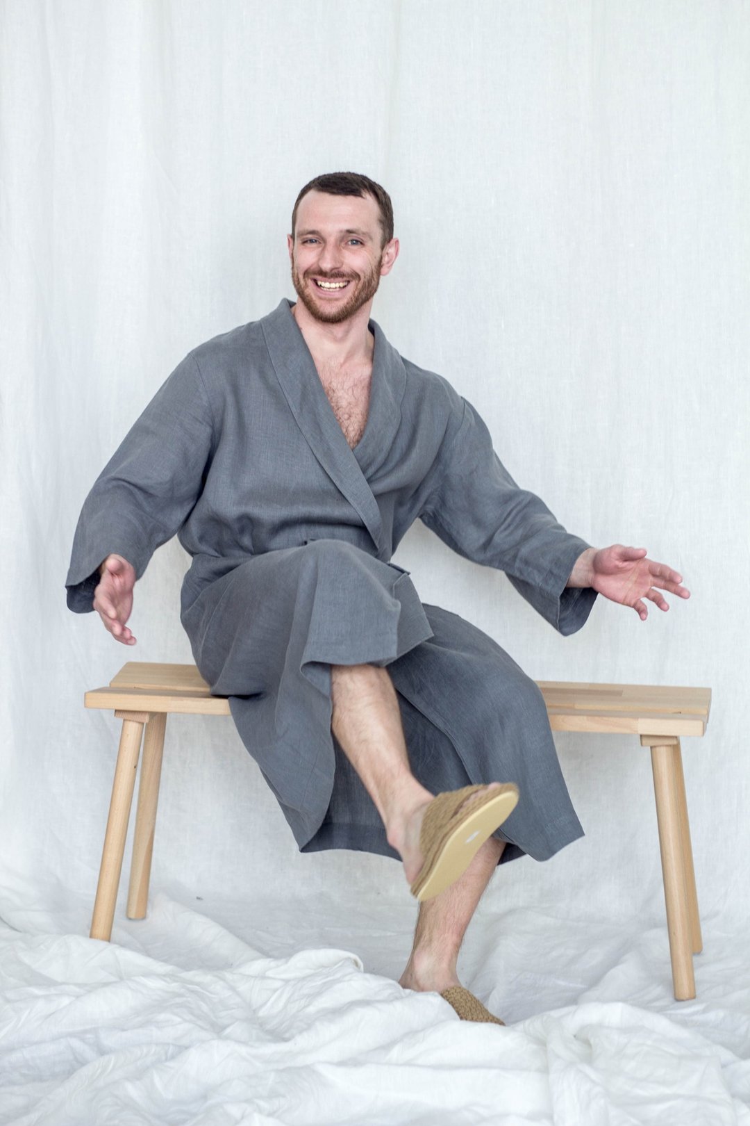 Linen Bathrobe for men - Kimono robe - 居家服/睡衣 - 亚麻 灰色