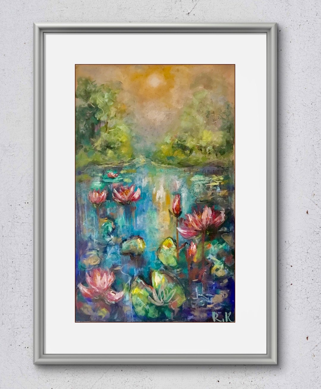 静谧水景 – 柔和粉彩色调的睡莲池塘画作 - 墙贴/壁贴 - 纸 蓝色