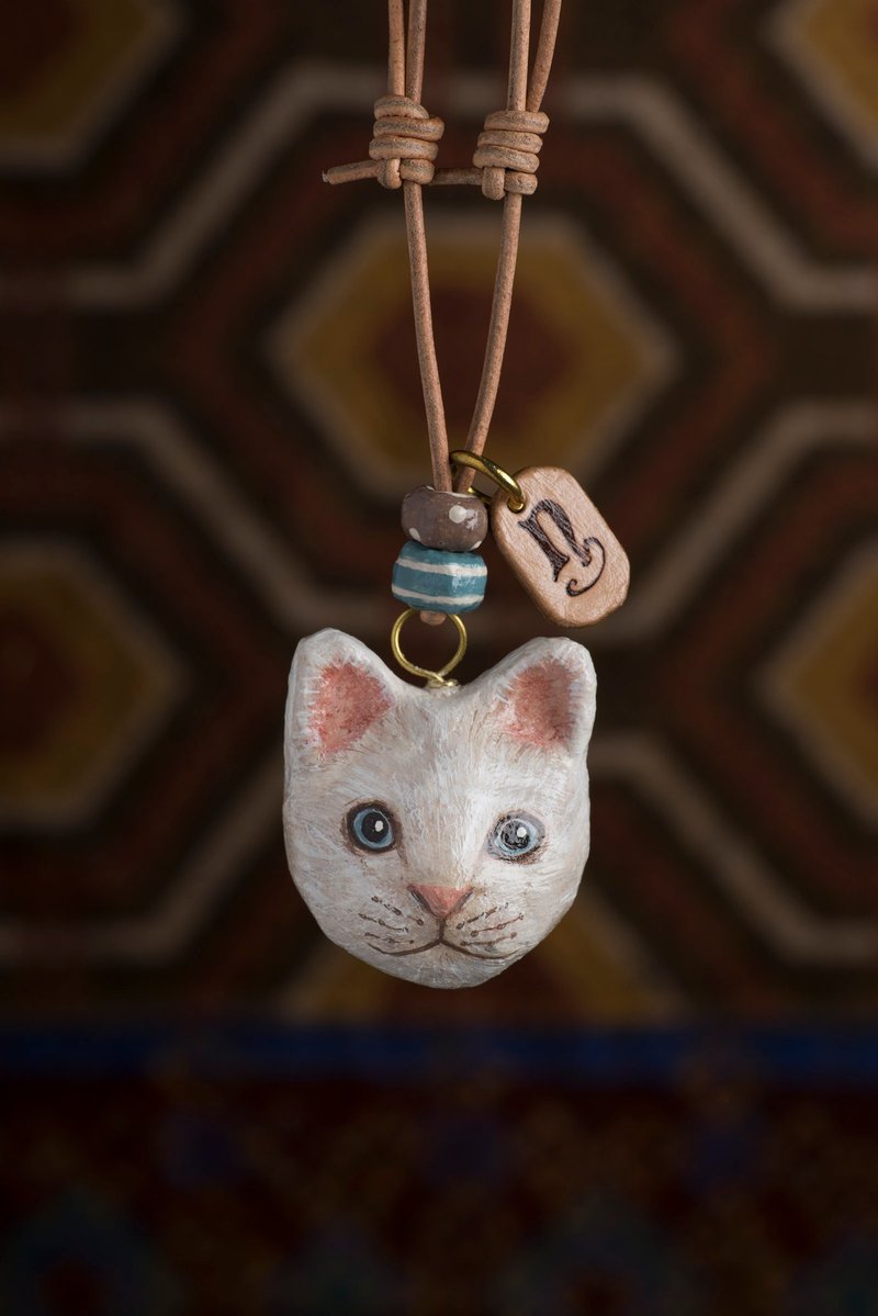 猫坠子颈链 / 动物项錬 - 颈链 - 纸 白色