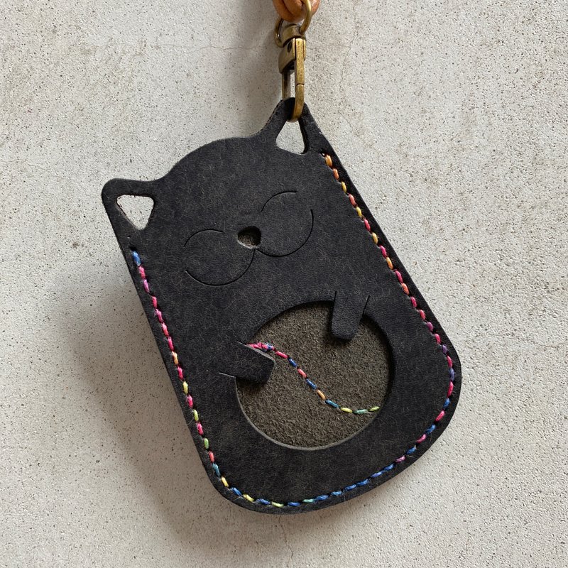 意大利Pueblo磨砂植鞣牛皮猫咪卡套-磨砂神秘黑长挂绳-专属卖场 - 证件套/卡套 - 真皮 黑色