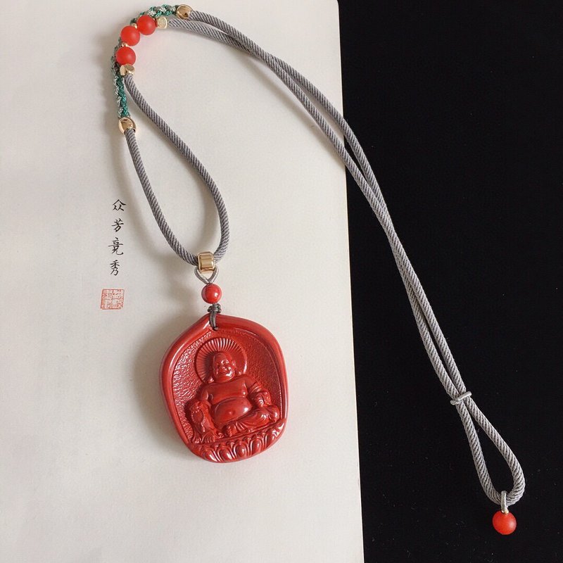 天然原矿朱砂 帝王砂招财佛公吊坠 朱砂量95%以上 清热解毒 辟邪 - 项链 - 宝石 