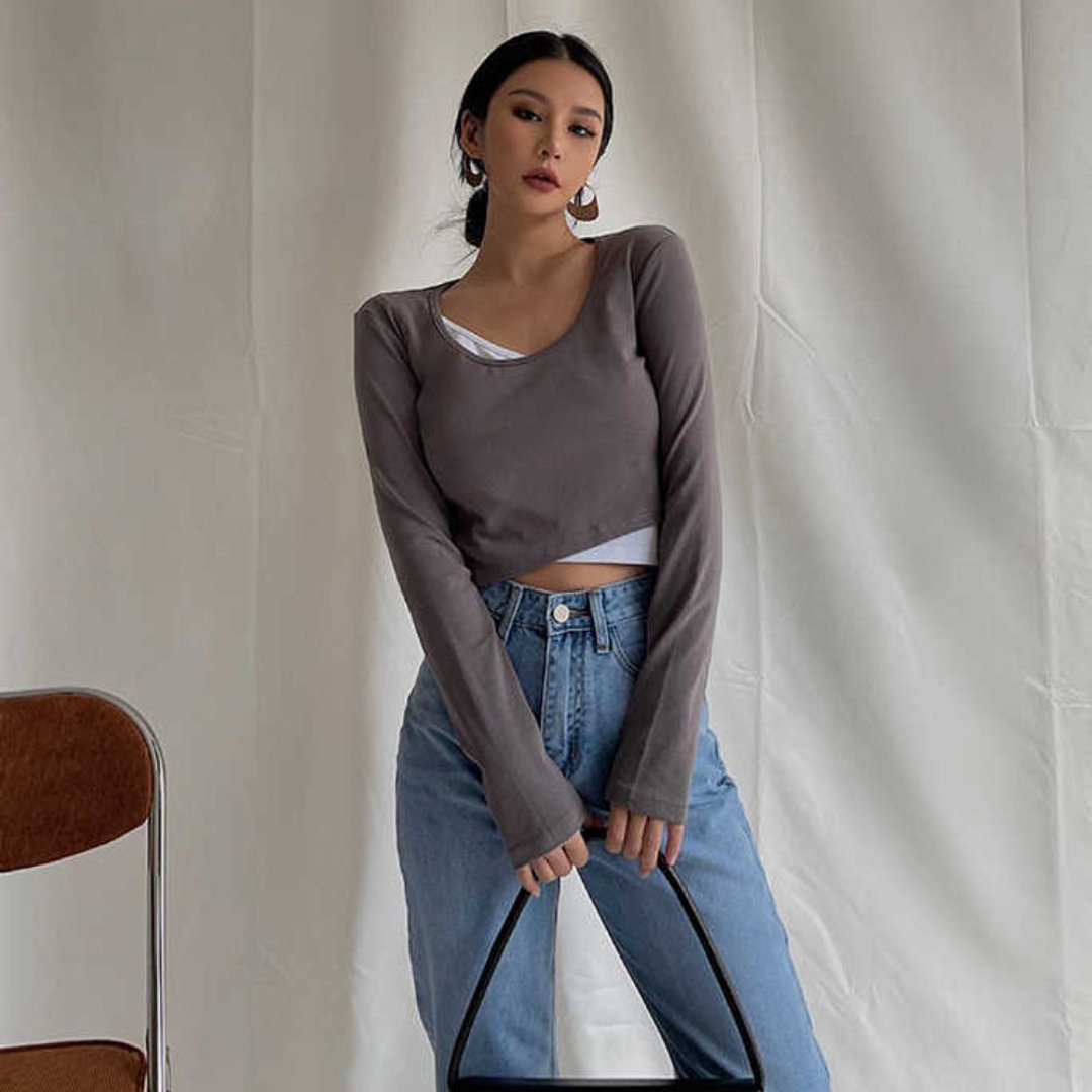 Grey Two Tone Long Sleeve Top - 女装上衣 - 聚酯纤维 灰色