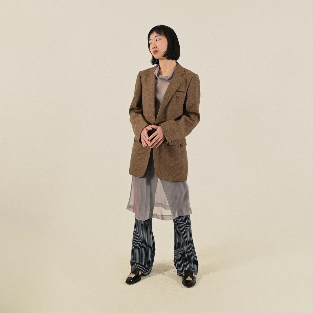 【NaSuBi Vintage】法国制花毛料单襟古着西装外套 - 女装西装外套/风衣 - 羊毛 咖啡色