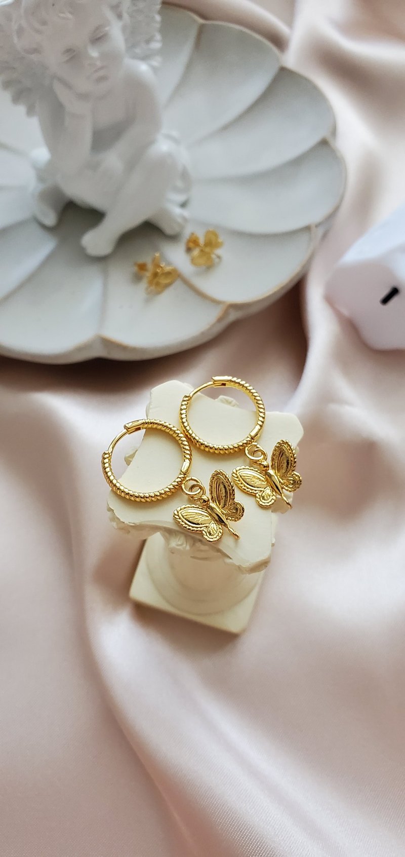 925 纯银镀18K金蝴蝶耳环 ~ 螺纹耳圈 ~ 麻花耳环 - 耳环/耳夹 - 纯银 金色