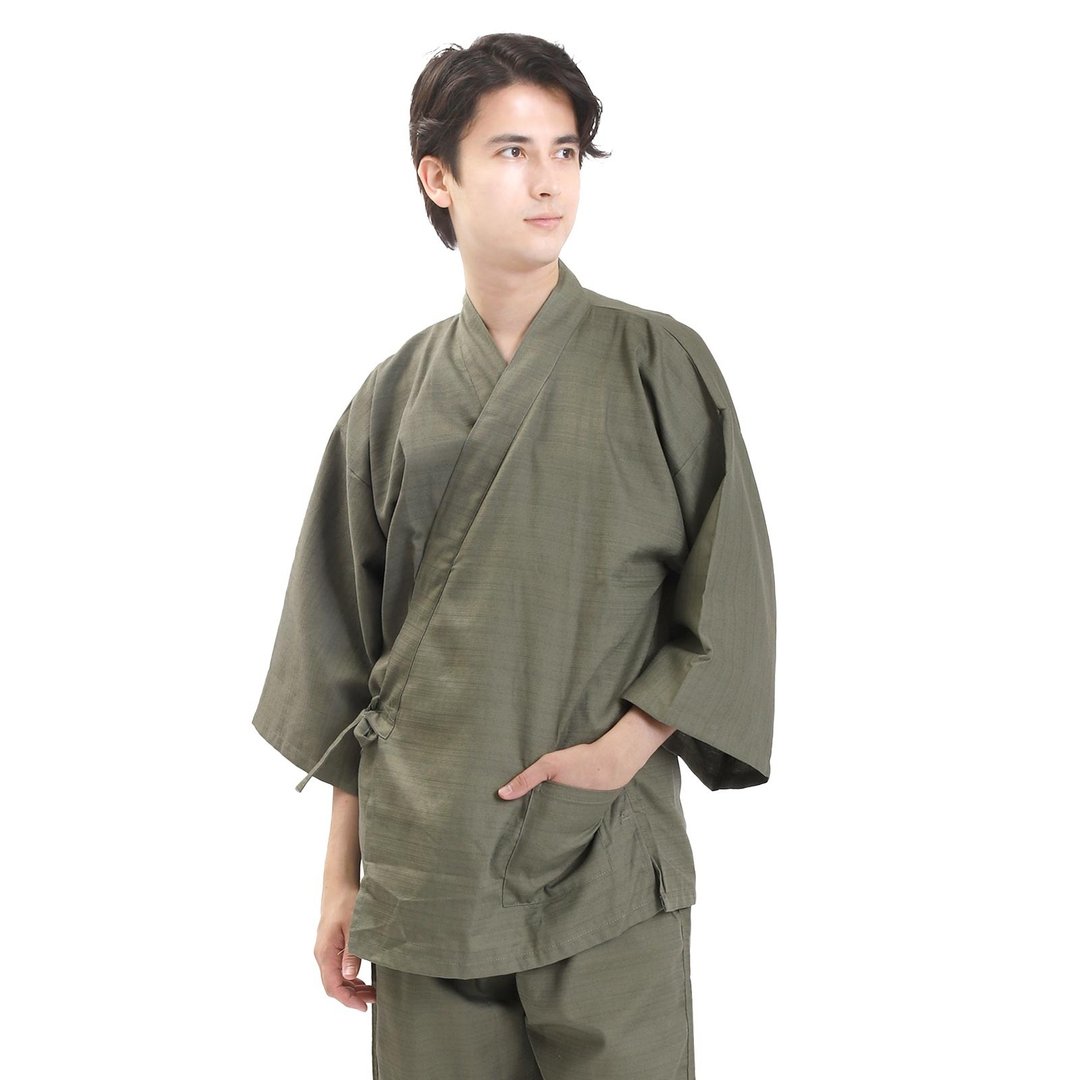 日本 和服 男性用 作务衣 套装 日式 休闲 室内服 甚平 睡衣 - 女装上衣 - 其他材质 绿色