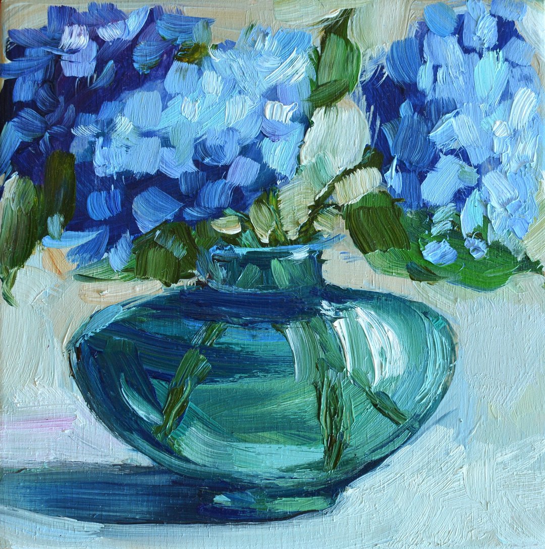 蓝色绣球花 原创油画 13x13cm 花卉 静物 Hortensia - 插画/绘画/写字 - 其他材质 蓝色