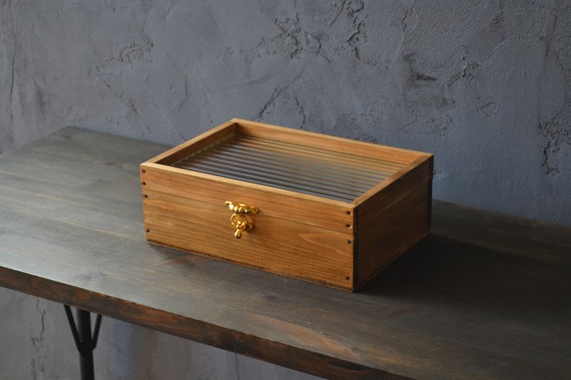 0310mito 日本国产桧木与复古玻璃收藏盒 L size 条纹玻璃 - 收纳用品 - 玻璃 咖啡色