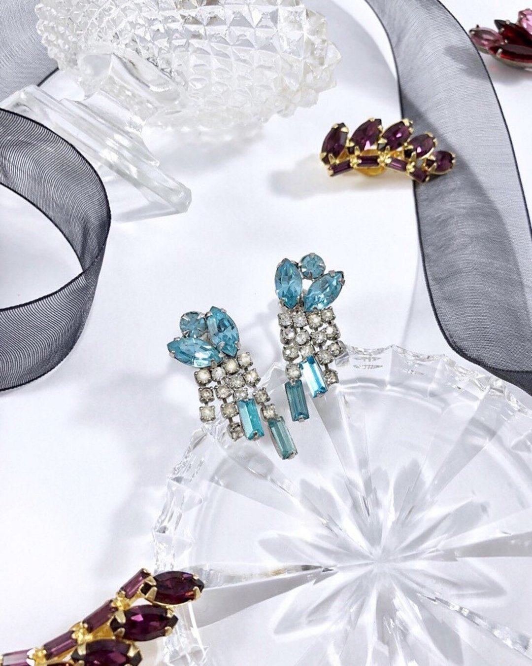 Vintage Crystal Fringe Statement Earrings - 耳环/耳夹 - 银 蓝色