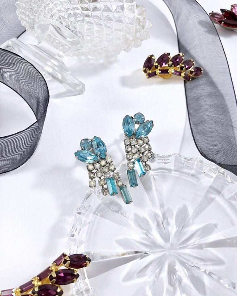 Vintage Crystal Fringe Statement Earrings - 耳环/耳夹 - 银 蓝色