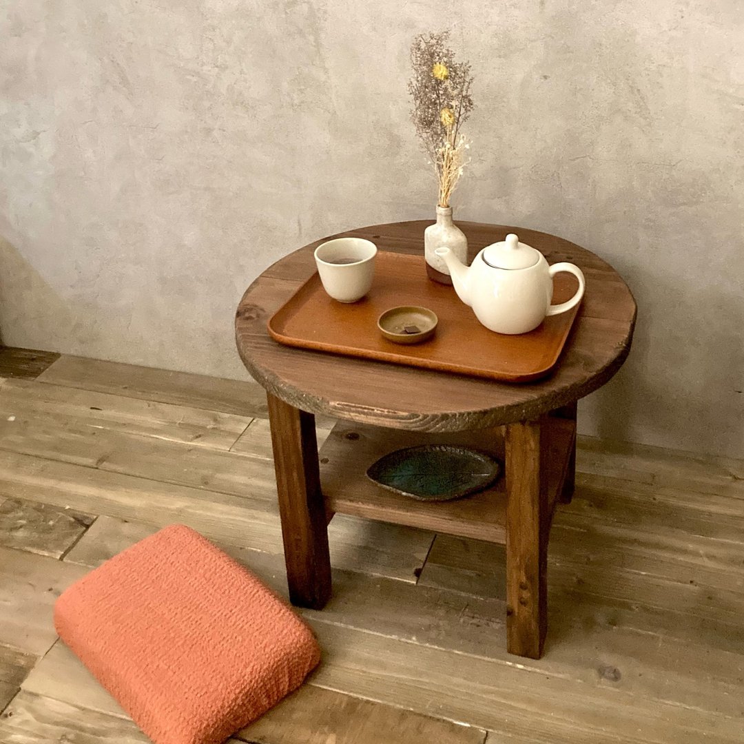 [圆形边桌椅套装] 实心雪松禅宗茶几沙发桌斯堪的纳维亚破旧 Zazen 中心桌深色 - 餐桌/书桌 - 木头 咖啡色
