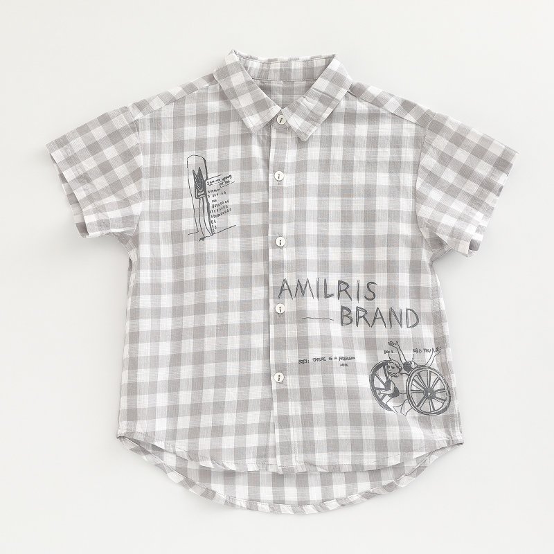 BIR 格纹手绘衬衫 - 童装上衣 - 棉．麻 灰色