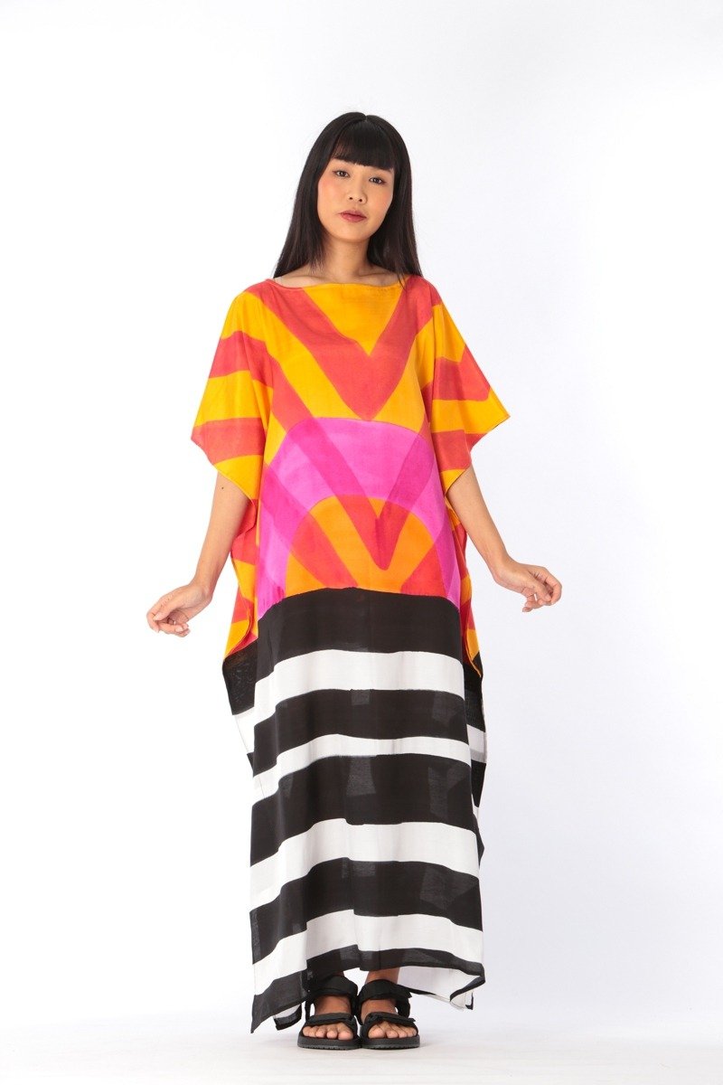 Hand Painted Cotton Silk Kaftan for Summer Resort Vacation F - 洋装/连衣裙 - 棉．麻 橘色