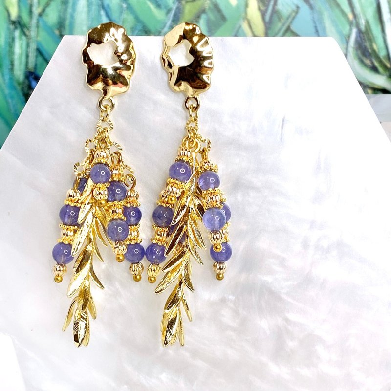 IR0E 鸢尾花 | 水晶耳环 | 坦桑石 | 14K包金 - 耳环/耳夹 - 水晶 多色