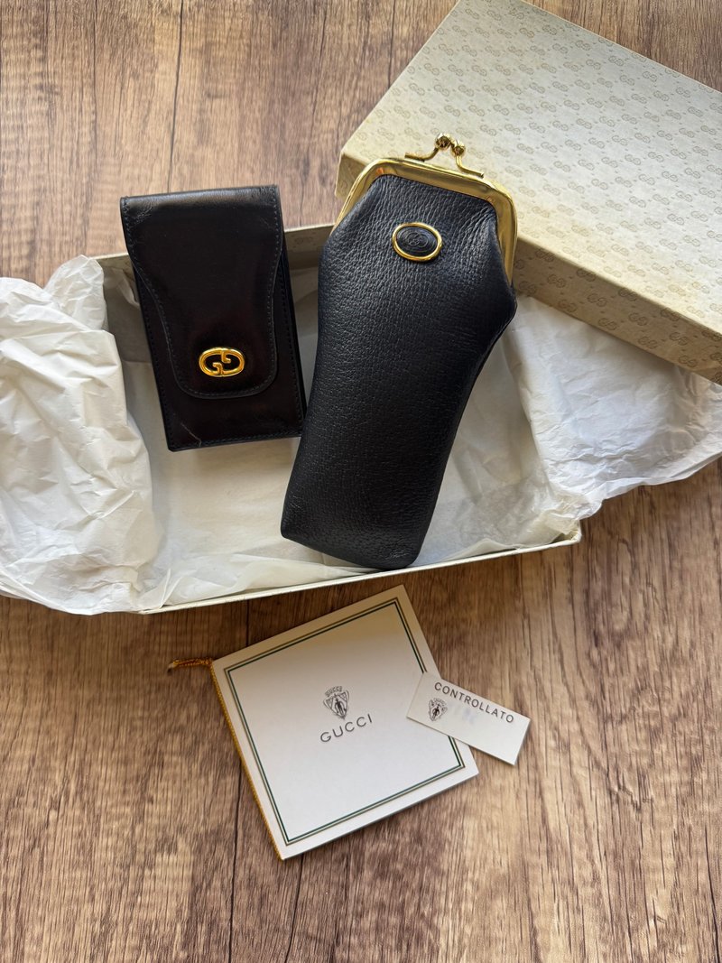 中古未使用品Gucci两件套真皮收纳盒 眼镜套 卡片包 钱包 礼物 - 皮夹/钱包 - 真皮 黑色