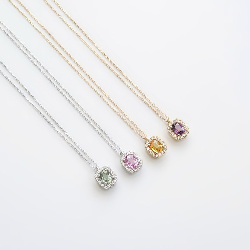 天然彩色刚玉 小巧椭圆切割 镶钻 纯 18K 金 项链锁骨链 定制长度 - 项链 - 宝石 多色