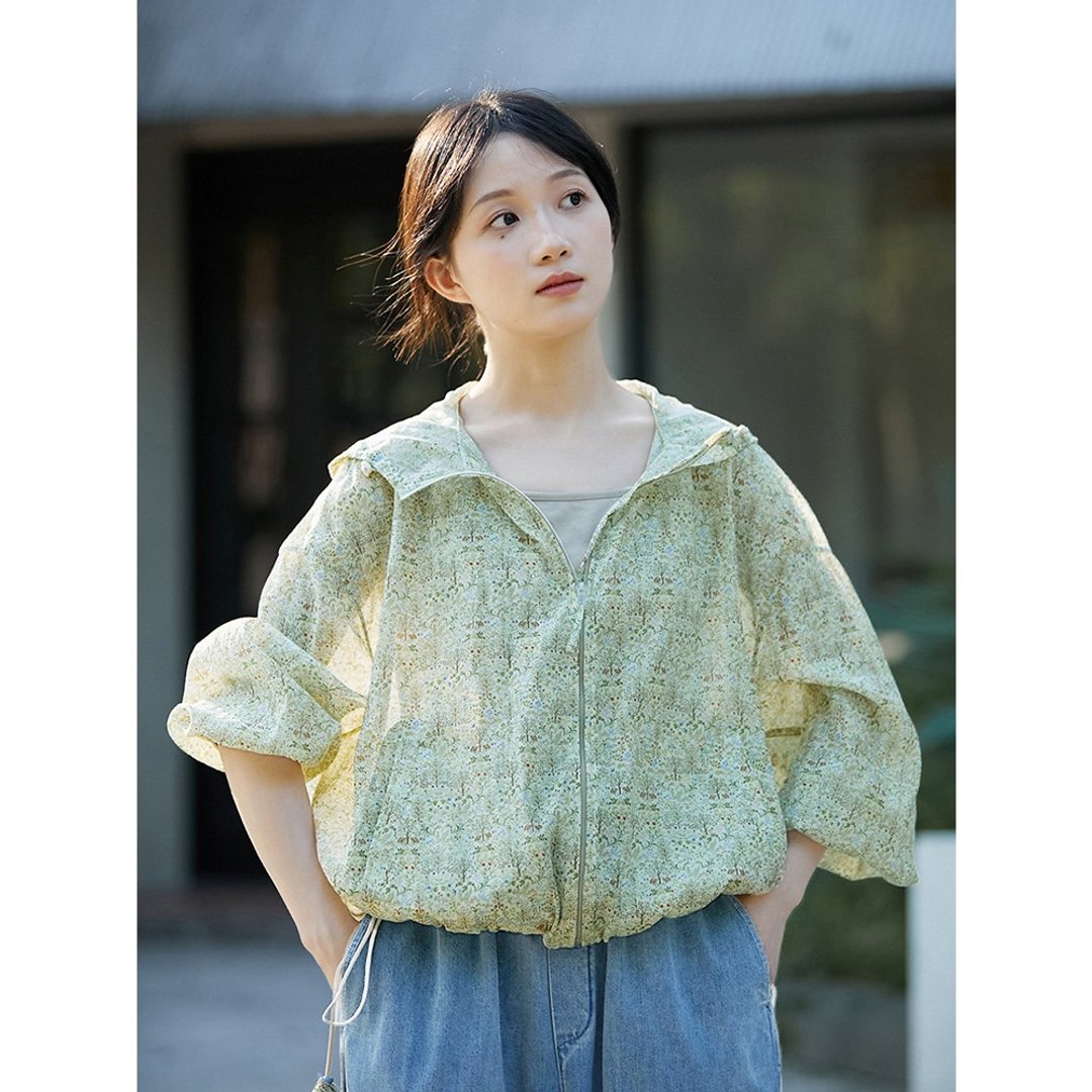 荫绿6A级桑蚕丝棉轻薄碎花印花拉链防晒衣 外套 2026春夏 - 女装休闲/机能外套 - 丝．绢 