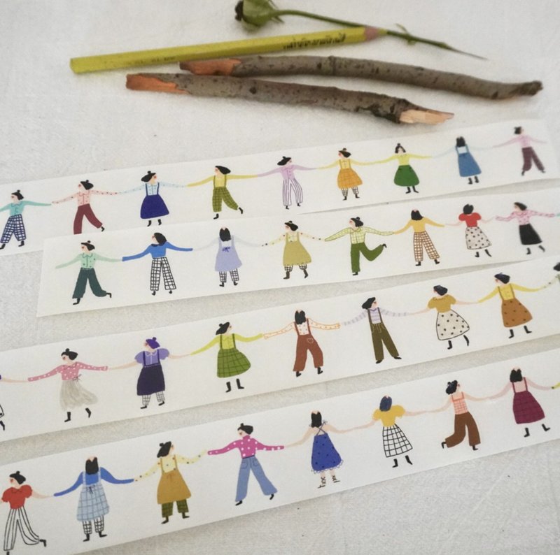 手拉手 可愛い女の子 塩系タッチ 手帳デコ 和紙膠帶 (kiss-cut) - 纸胶带 - 纸 多色