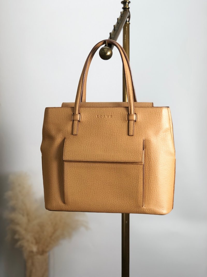 【日本直送，名牌二手包装】LOEWE手提包驼色logo皮革压花复古复古老smfwpe - 手提包/手提袋 - 真皮 咖啡色