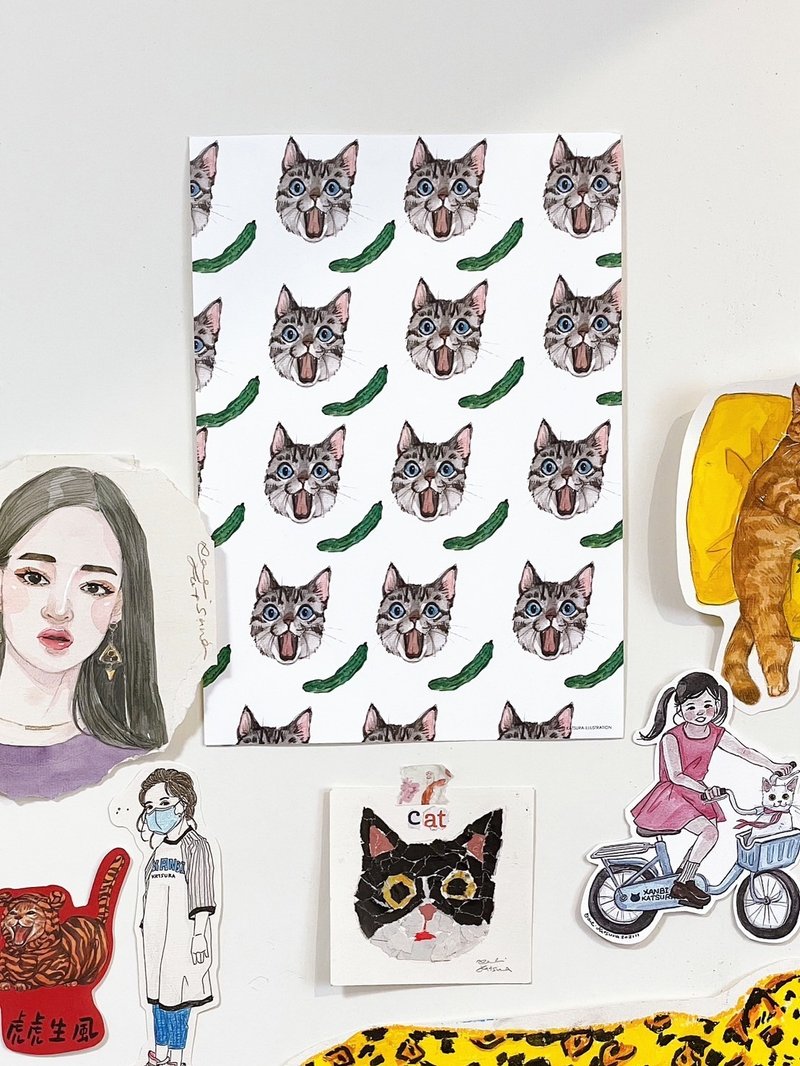 惊吓小黄瓜/搞笑猫猫小海报/A4/水彩手绘 - 海报/装饰画/版画 - 纸 