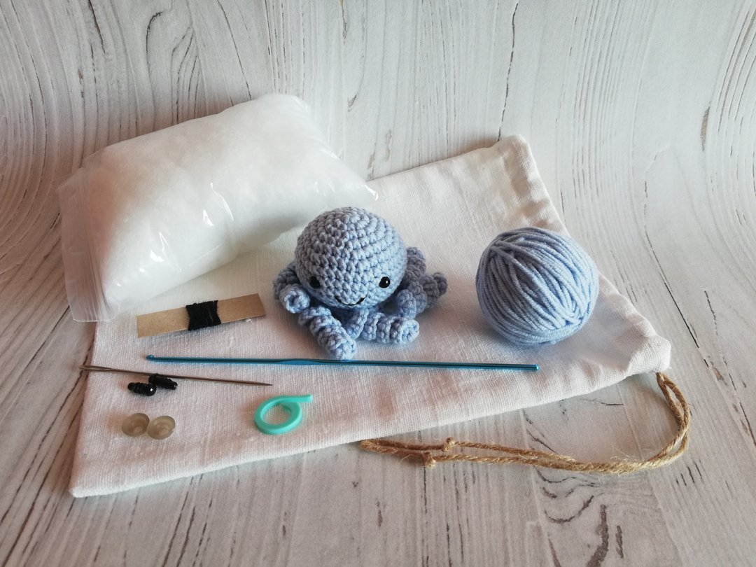 Crochet kit beginner with yarn, crochet octopus, craft kits, amigurumi octopus - 编织/刺绣/羊毛毡/裁缝 - 其他材质 蓝色