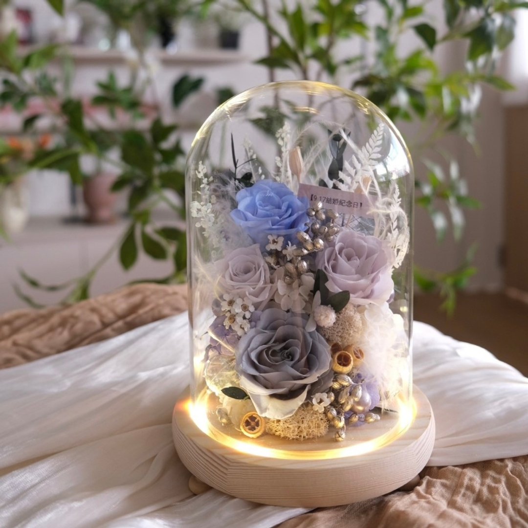长型玻璃罩小夜灯 浅灰、蓝、紫色系 永生花玻璃罩 - 干燥花/捧花 - 植物．花 蓝色