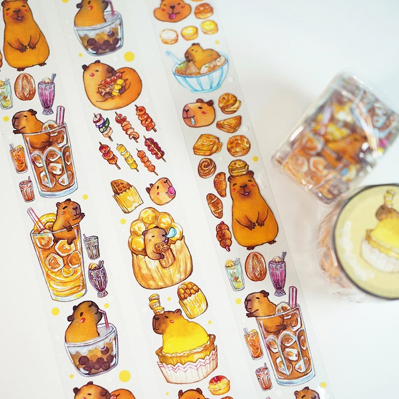 【水豚宝宝香港美食】卡皮巴拉 水彩 插画 PET胶带 带离型纸 手帐 - 纸胶带 - 塑料 橘色