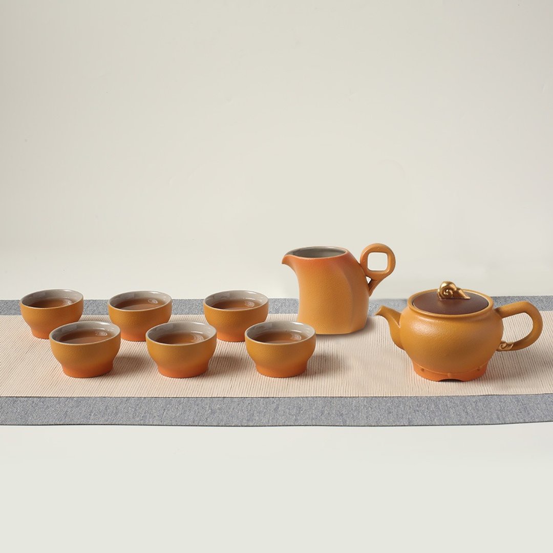【中秋送礼】陆宝 飞黄腾达茶组 一壶一海六杯 - 茶具/茶杯 - 陶 橘色