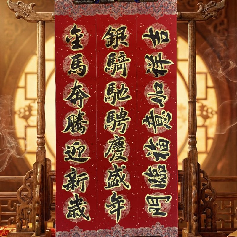 2026 蔡老师马年黑墨描金边手写春联 定制化七言春联行楷隶书 对联 - 红包/春联 - 纸 红色