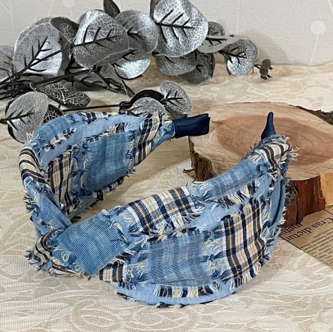 扭结发箍/ 牛仔流苏格纹拼布风宽版宽边头箍 发带式发窟头带头饰 - 发饰 - 其他材质 蓝色