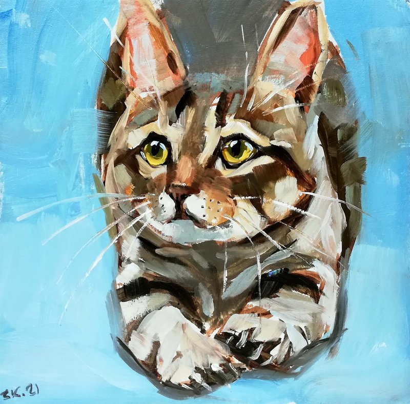 Cat Painting Pet Original Art Oil Painting Tabby Cat Artwork  Animal Mini Art - 海报/装饰画/版画 - 其他材质 多色