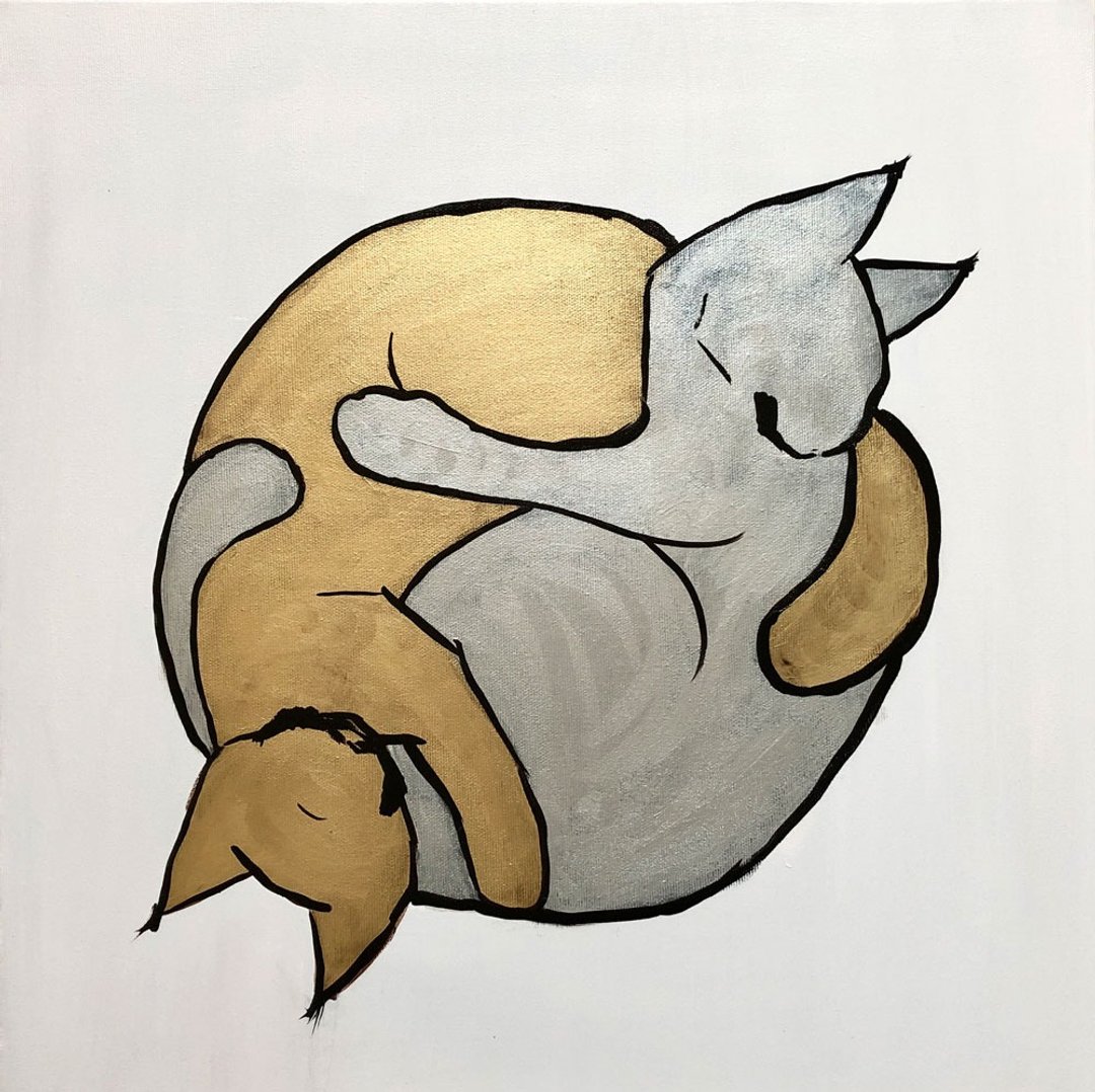 Cat Painting Animal Original Art Gold Artwork Yin And Yang Wall Art Minimalist - 海报/装饰画/版画 - 其他材质 金色