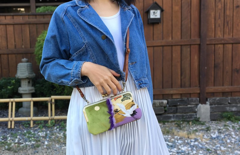 鹤旭 斜挎长夹手机包 口金包 侧背包 单肩背包 长银包 - 皮夹/钱包 - 棉．麻 绿色