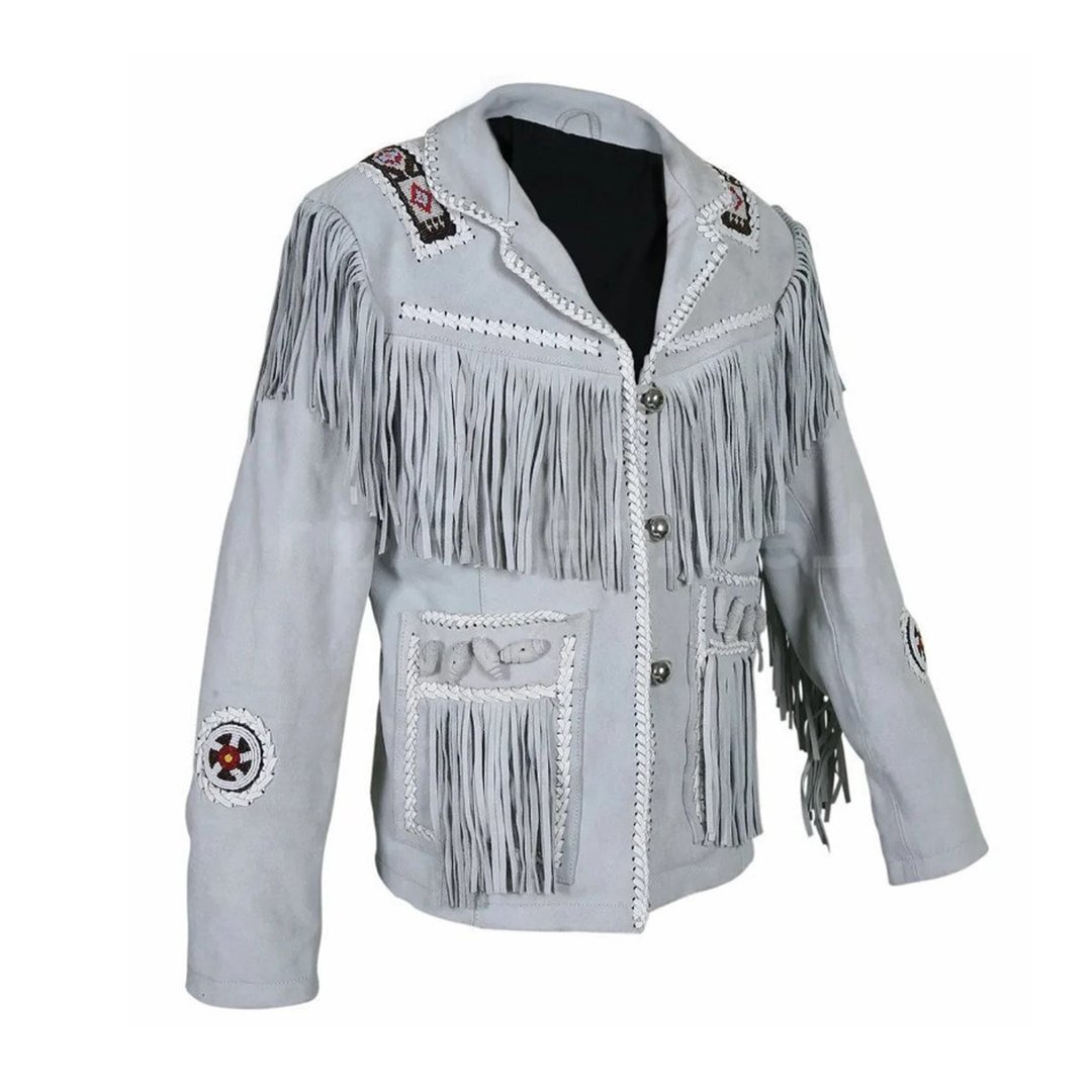 Native Western American Fringed Leather Coat - 男装外套 - 真皮 白色