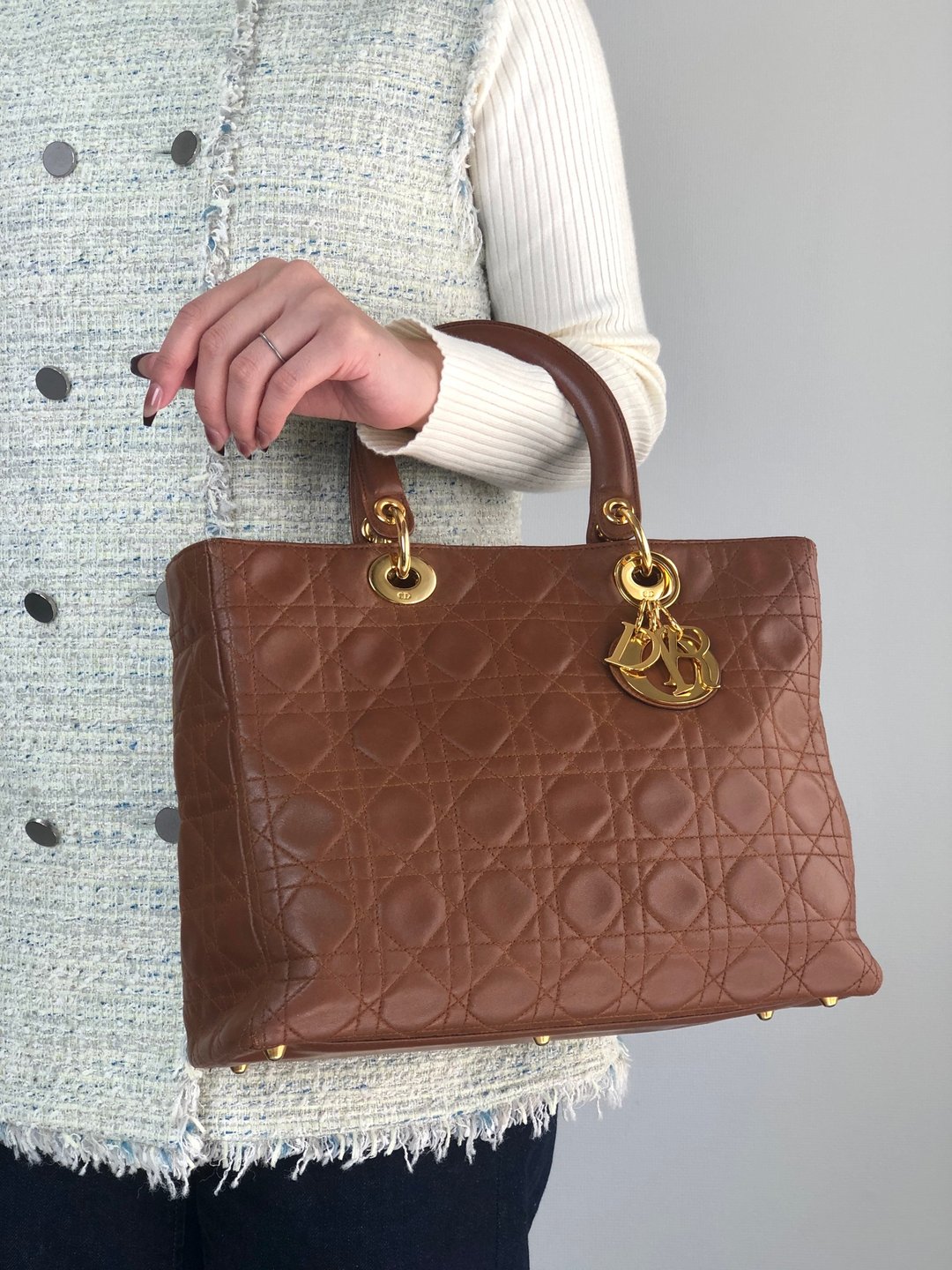 【日本直送 VintageShop solo 名牌中古包】Christian Dior Lady Dior 经典藤格纹小羊皮手提/斜背包 焦糖棕色 2WAY 8c3nvp - 侧背包/斜挎包 - 真皮 咖啡色