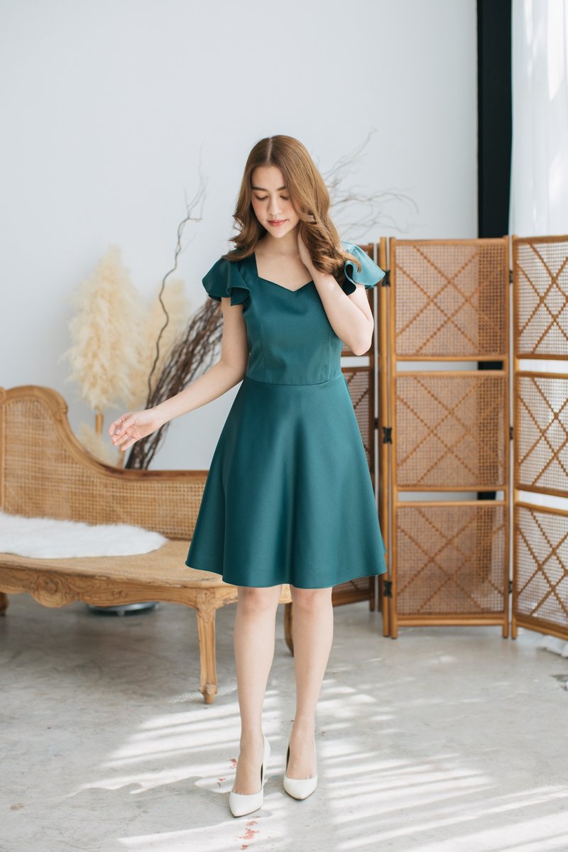 Green Evening Dress Ruffle Sleeve Dress Green Dress Green Party Dress Vintage - 洋装/连衣裙 - 聚酯纤维 绿色