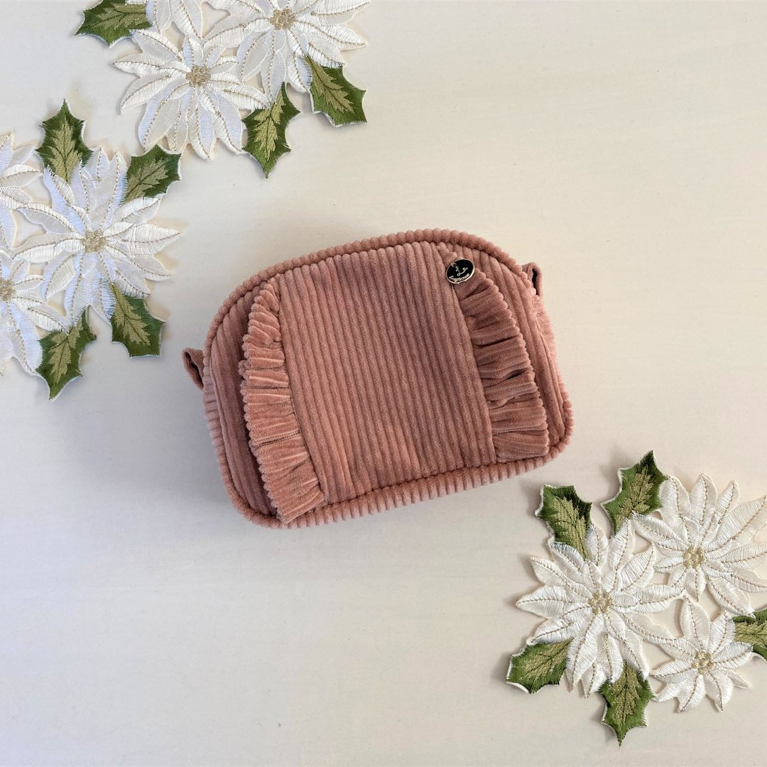 Round Frill Corduroy Gusseted Pouch Cocoa Pink - 化妆包/杂物包 - 棉 粉红色