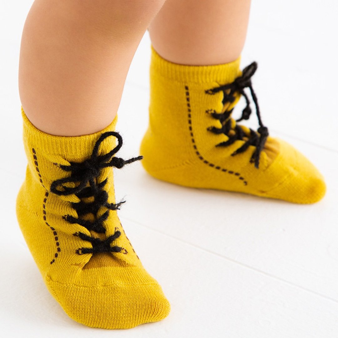 1822220 Braided boots-style three-dimensional socks 3-D socks Pop-up socks Made in Japan Mustard / Brown/ Black 3 colors available XS 9-12cm - 婴儿袜子 - 棉 卡其色
