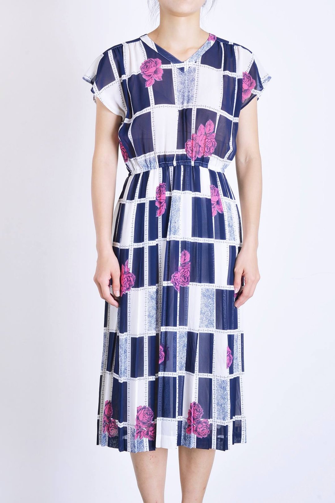 《Vintage dress》红花蓝白格洋装 VD209 - 洋装/连衣裙 - 聚酯纤维 白色