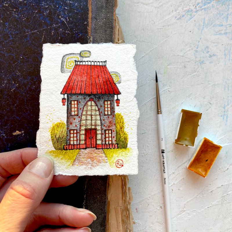 Chinese house art Miniature Original painting Mini artwork by Rubinova - 海报/装饰画/版画 - 纸 红色